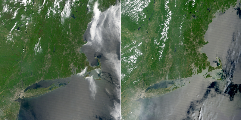 Left: Parts of New England on May 25, 2016. Right: The same region a month later. (Image: Jesse Allen, using data from the Land Atmosphere Near real-time Capability for EOS (LANCE).